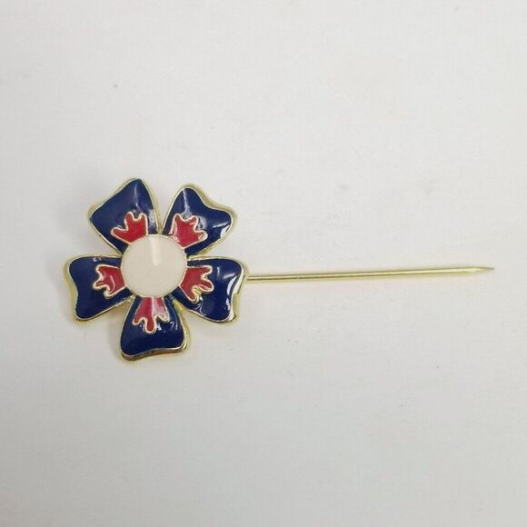 Vintage Red White Blue Enamel Flower Stick Pin, Floral Brooch, Estate - Picture 7 of 8